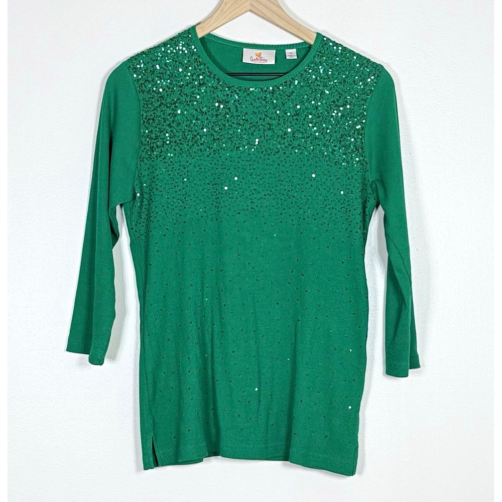 Quacker Factory Womens Sequin Beaded Knit Top XS Green 3/4 Sleeve Holiday Party